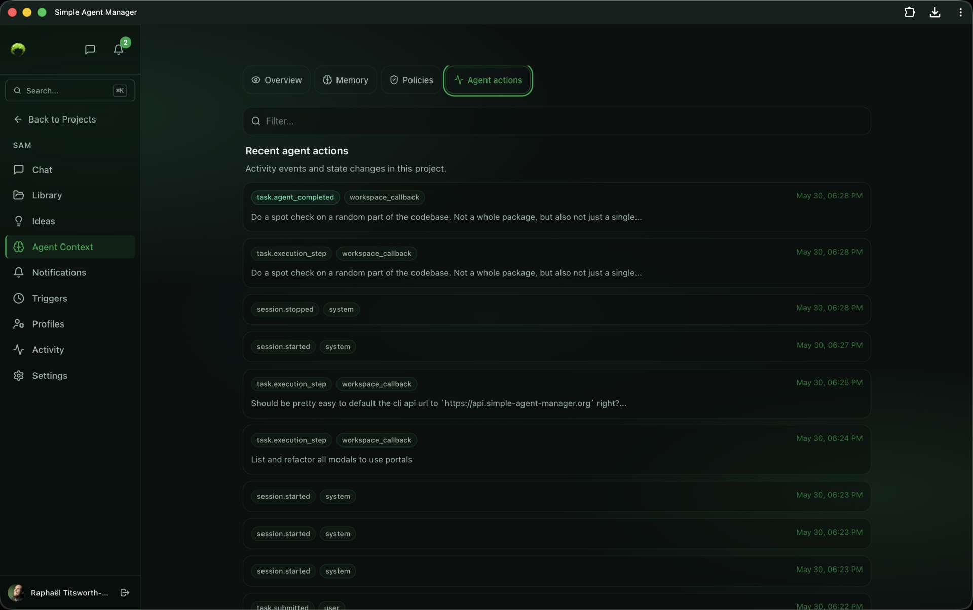 Agent actions feed with event types like task.agent_completed, task.execution_step, session.started, and timestamps
