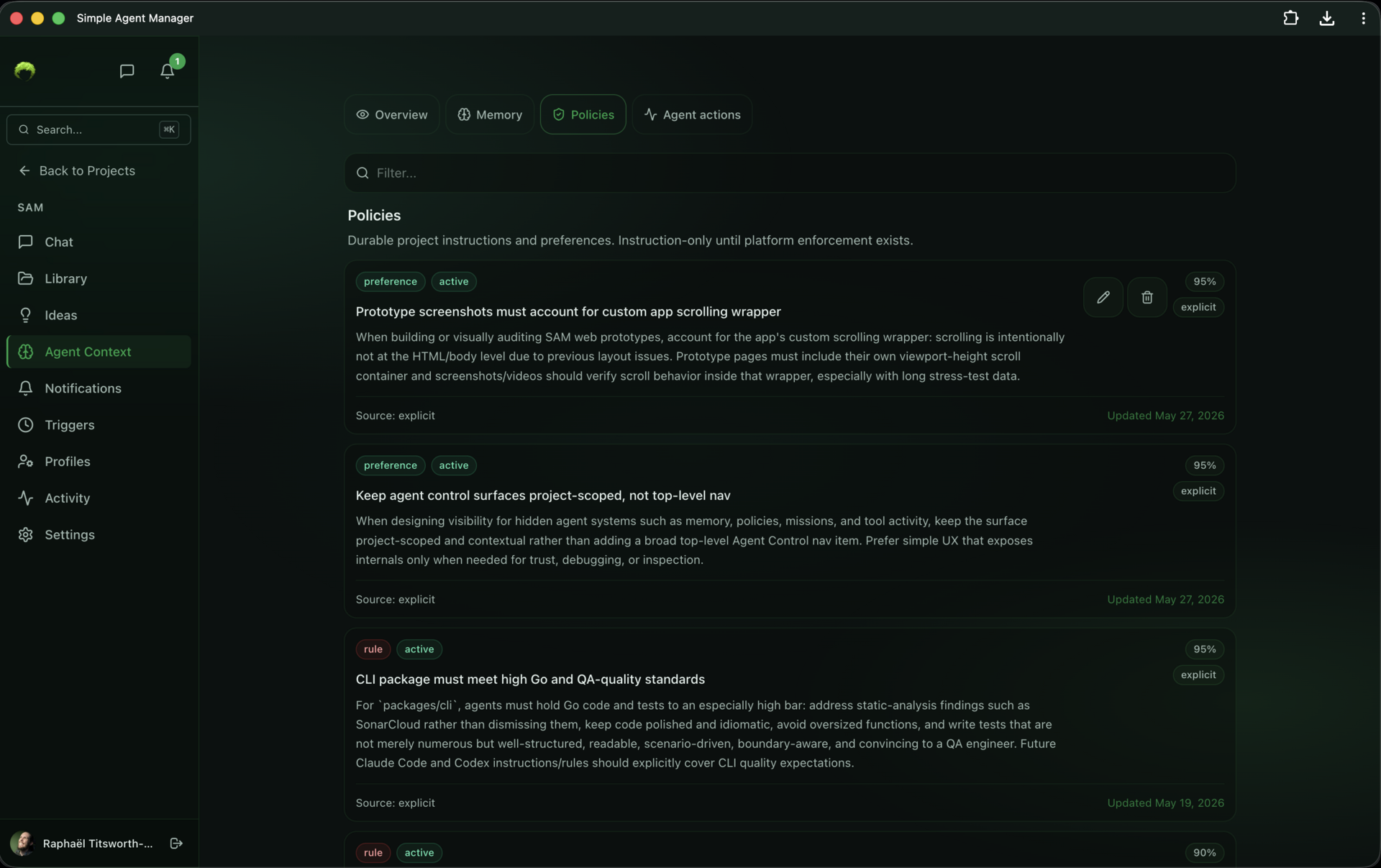 Agent policies tab showing preference and rule entries like scrolling wrapper handling and Go QA standards, marked instruction-only