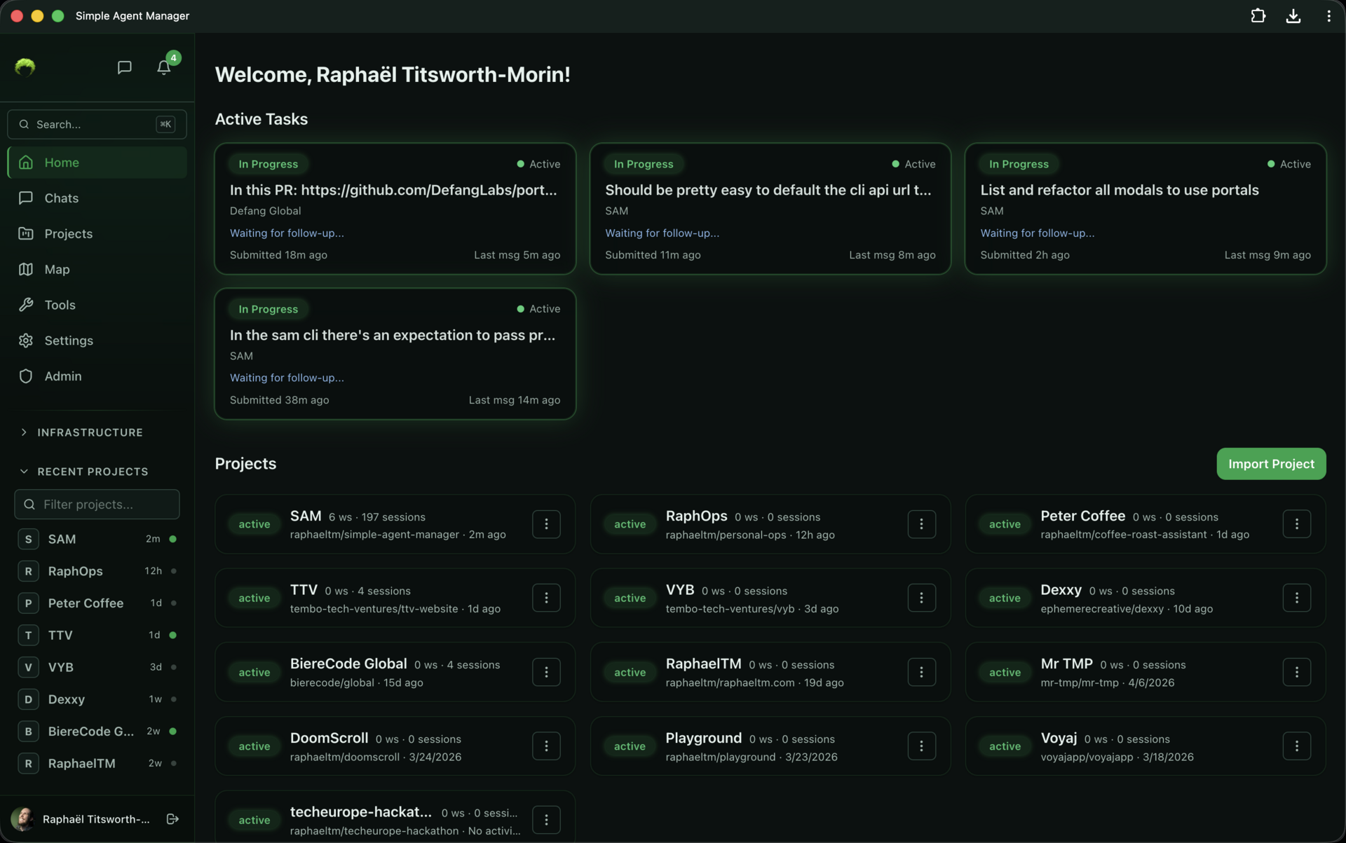 Dashboard with Active Tasks cards showing status, project name, and timing, plus a Projects grid with workspace and session counts