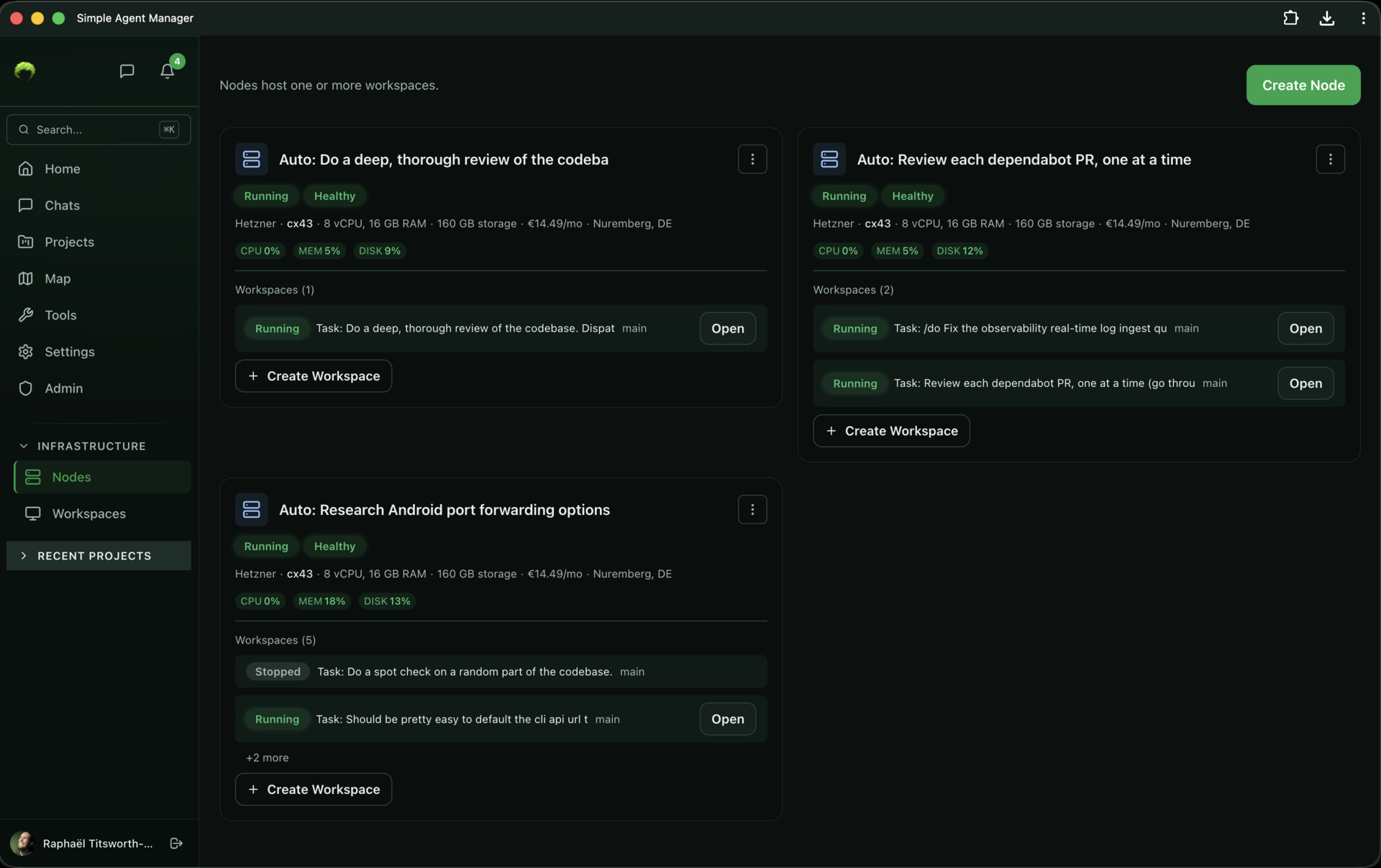 Nodes page showing three Hetzner VMs with Running/Healthy status, CPU/MEM/DISK percentages, specs, pricing, and workspace lists