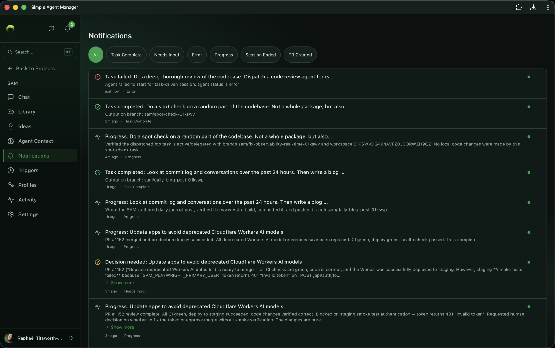 Notification feed with filter tabs for All, Task Complete, Needs Input, Error, Progress, Session Ended, and PR Created