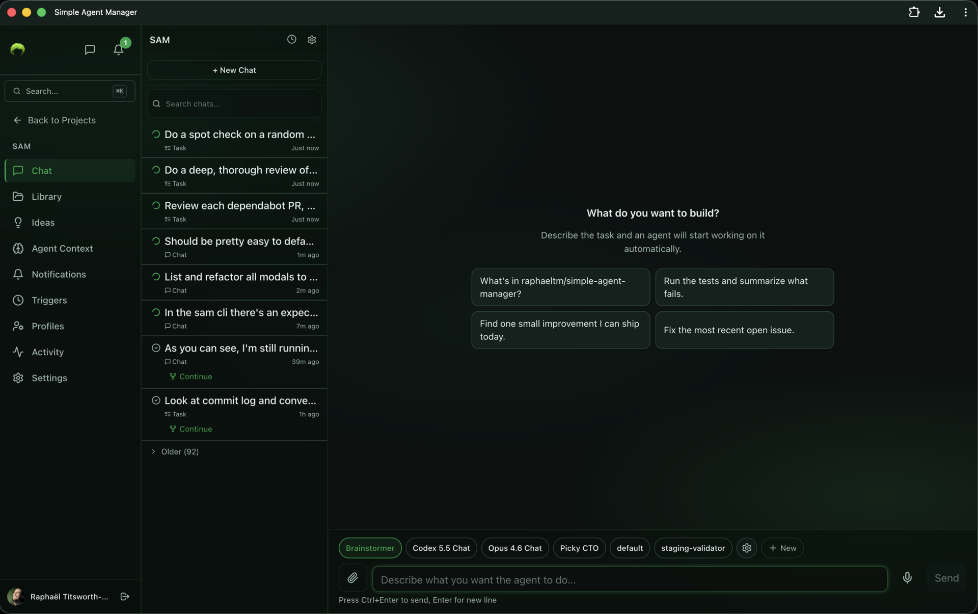 Project chat interface with agent selector showing Brainstormer, Codex, Opus, and other profiles, plus quick-start prompt suggestions