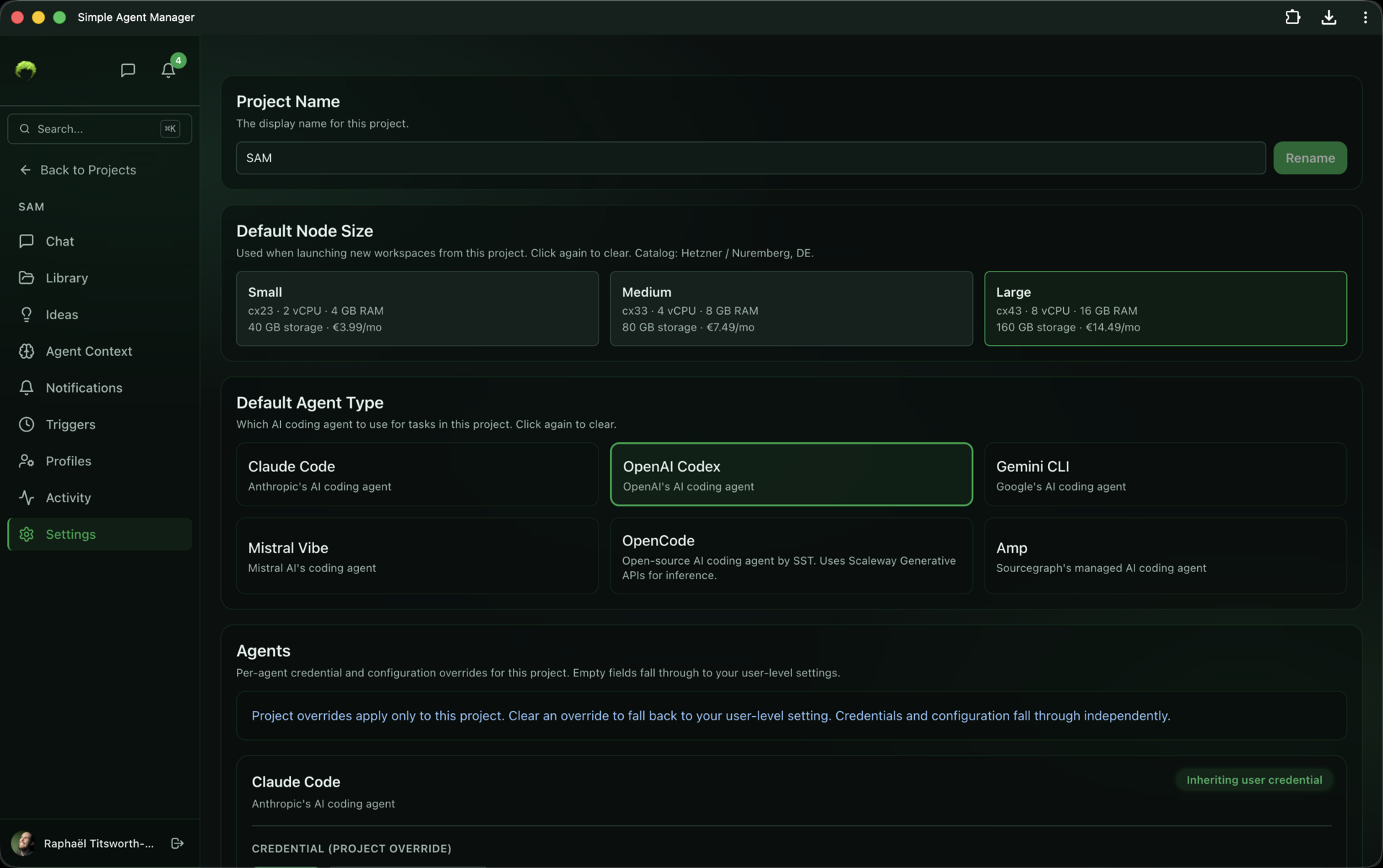 Project settings with three node sizes (Small/Medium/Large with specs and pricing) and six agent types (Claude Code, Codex, Gemini CLI, Mistral Vibe, OpenCode, Amp)